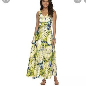 NWOT Champs Tropical Palm Print V Neck Cotton Midi Dress Size XL‎